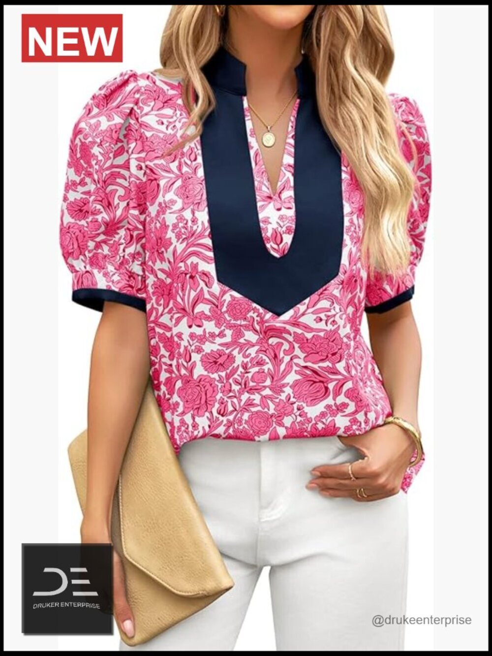 Floral Puff Sleeve V-Neck Patchwork Boho Summer Blouse